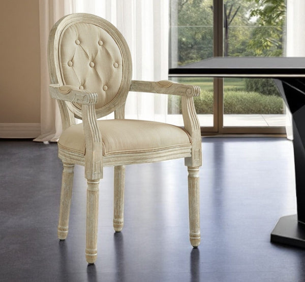 HomeRoots Tufted Linen Arm Chair - Elegant Rustic Dining Seating with Padded Comfort & Stylish Supportive Design Beige 535370