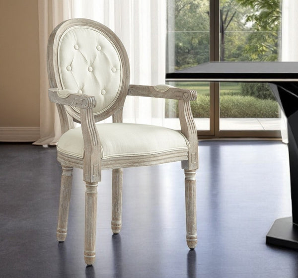 HomeRoots Tufted Linen Arm Chair - Elegant Rustic Dining Seating with Padded Comfort & Stylish Supportive Design Cream White 535371