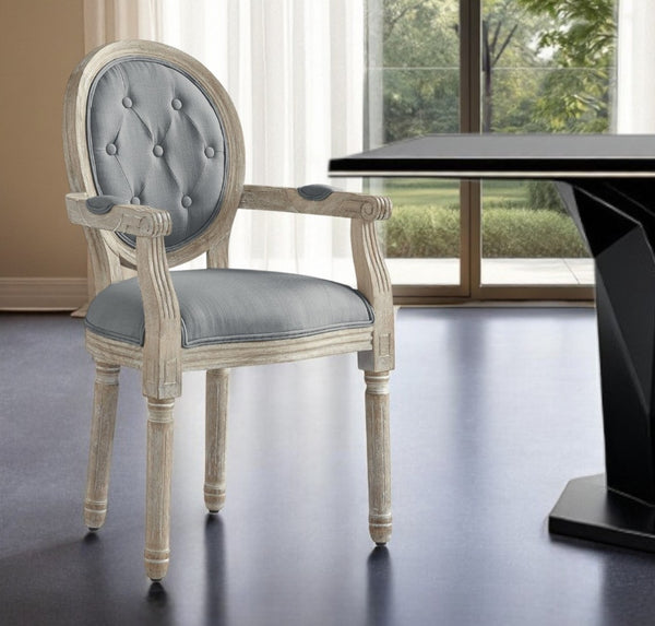 HomeRoots Tufted Linen Arm Chair - Elegant Rustic Dining Seating with Padded Comfort & Stylish Supportive Design Grey 535372