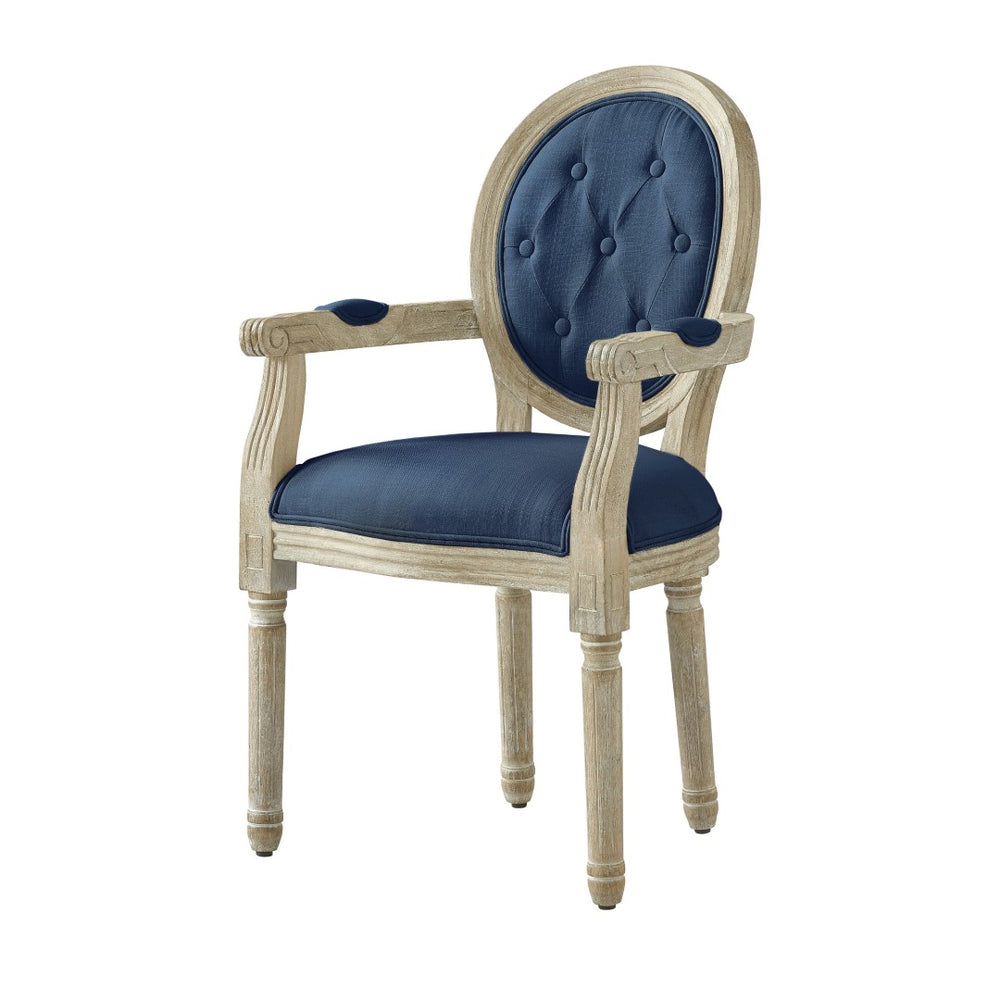 HomeRoots Tufted Linen Arm Chair - Elegant Rustic Dining Seating with Padded Comfort & Stylish Supportive Design Navy 535373