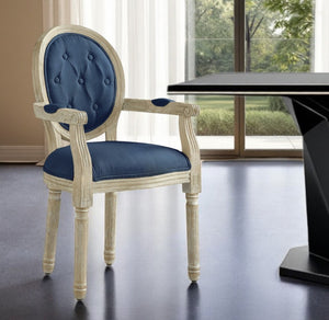 HomeRoots Tufted Linen Arm Chair - Elegant Rustic Dining Seating with Padded Comfort & Stylish Supportive Design Navy 535373