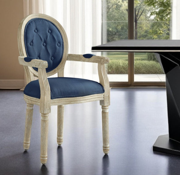 HomeRoots Tufted Linen Arm Chair - Elegant Rustic Dining Seating with Padded Comfort & Stylish Supportive Design Navy 535373