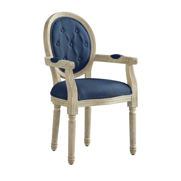 HomeRoots Tufted Linen Arm Chair - Elegant Rustic Dining Seating with Padded Comfort & Stylish Supportive Design Navy 535373