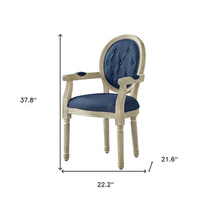 HomeRoots Tufted Linen Arm Chair - Elegant Rustic Dining Seating with Padded Comfort & Stylish Supportive Design Navy 535373