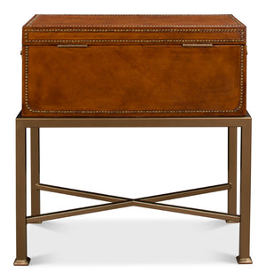 Sarreid Remington Brown Leather Box On Stand With Brass Trim - Elegant Wood & Leather Storage Solution Brown  53537