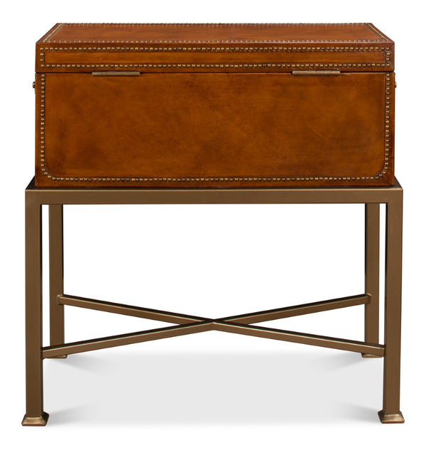 Sarreid Remington Brown Leather Box On Stand With Brass Trim - Elegant Wood & Leather Storage Solution Brown  53537