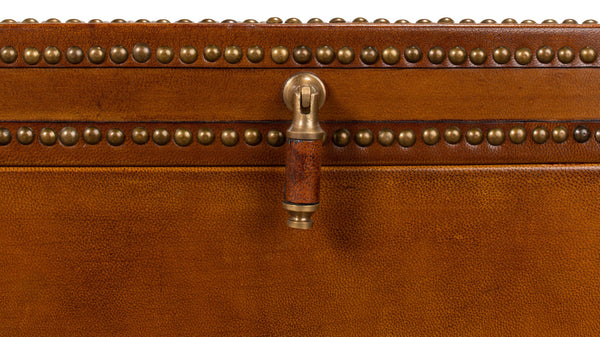 Sarreid Remington Brown Leather Box On Stand With Brass Trim - Elegant Wood & Leather Storage Solution Brown  53537
