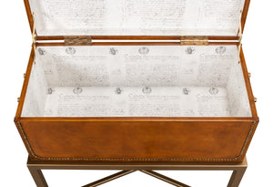 Sarreid Remington Brown Leather Box On Stand With Brass Trim - Elegant Wood & Leather Storage Solution Brown  53537
