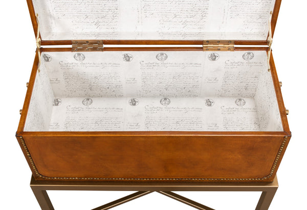 Sarreid Remington Brown Leather Box On Stand With Brass Trim - Elegant Wood & Leather Storage Solution Brown  53537