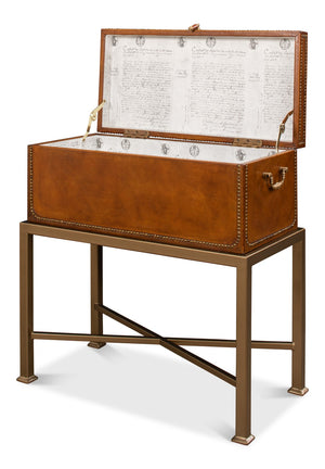Sarreid Remington Brown Leather Box On Stand With Brass Trim - Elegant Wood & Leather Storage Solution Brown  53537