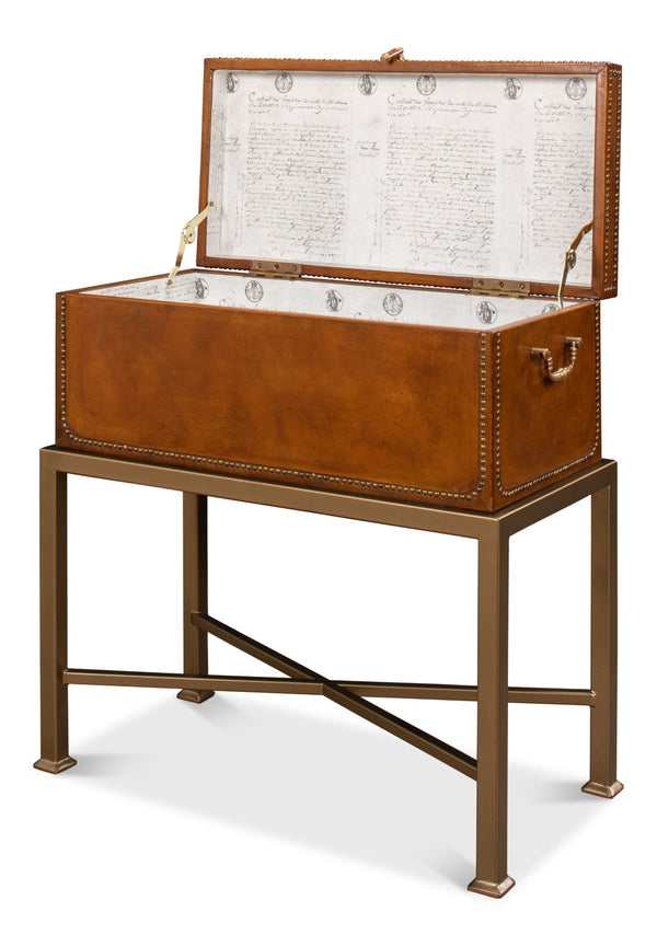 Sarreid Remington Brown Leather Box On Stand With Brass Trim - Elegant Wood & Leather Storage Solution Brown  53537