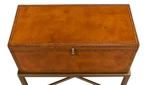 Sarreid Remington Brown Leather Box On Stand With Brass Trim - Elegant Wood & Leather Storage Solution Brown  53537