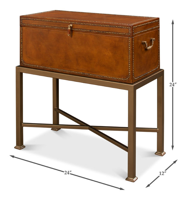 Sarreid Remington Brown Leather Box On Stand With Brass Trim - Elegant Wood & Leather Storage Solution Brown  53537