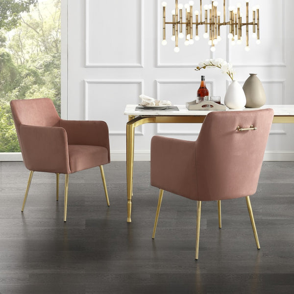 HomeRoots Set of Two Elegant Blush Velvet Dining Arm Chairs with Gold Frame – Stylish & Comfortable Accent Seating 535389