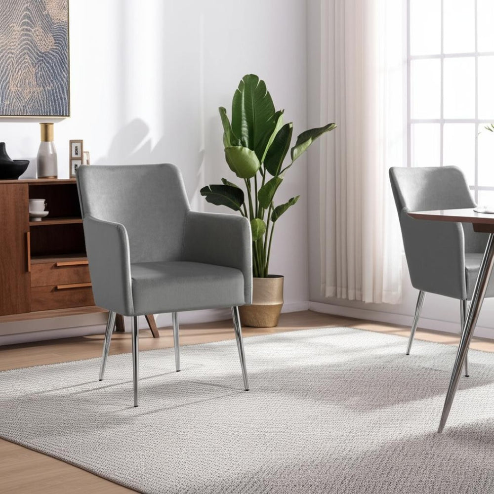 HomeRoots Set of Two Elegant Light Gray Velvet Dining Arm Chairs with Stylish Silver Legs for Versatile Comfort 535391
