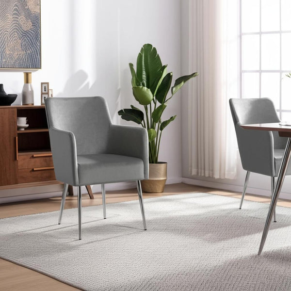 HomeRoots Set of Two Elegant Light Gray Velvet Dining Arm Chairs with Stylish Silver Legs for Versatile Comfort 535391
