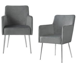 HomeRoots Set of Two Elegant Light Gray Velvet Dining Arm Chairs with Stylish Silver Legs for Versatile Comfort 535391