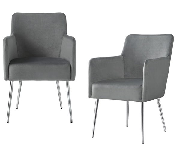 HomeRoots Set of Two Elegant Light Gray Velvet Dining Arm Chairs with Stylish Silver Legs for Versatile Comfort 535391
