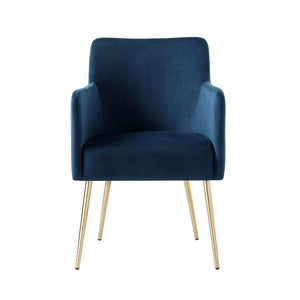 HomeRoots Set of Two Navy Blue Velvet Dining Arm Chairs with Gold Legs – Stylish Comfort for Any Space! 535392