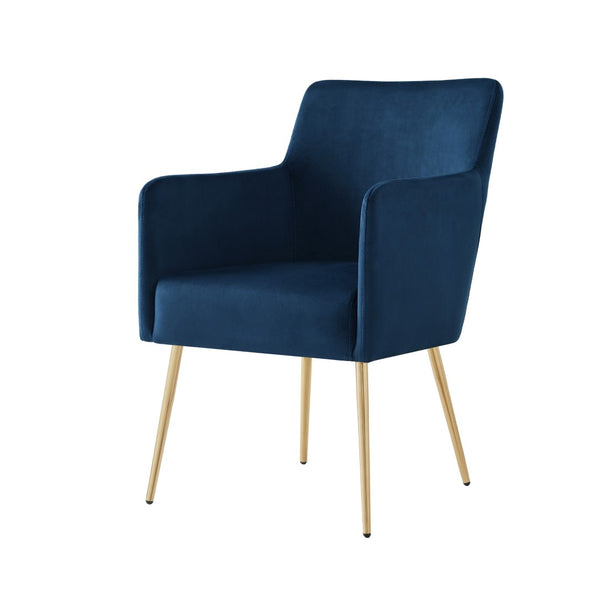 HomeRoots Set of Two Navy Blue Velvet Dining Arm Chairs with Gold Legs – Stylish Comfort for Any Space! 535392