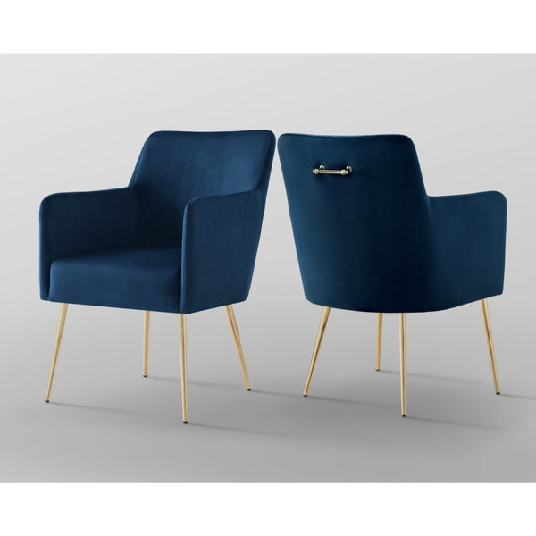 HomeRoots Set of Two Navy Blue Velvet Dining Arm Chairs with Gold Legs – Stylish Comfort for Any Space! 535392