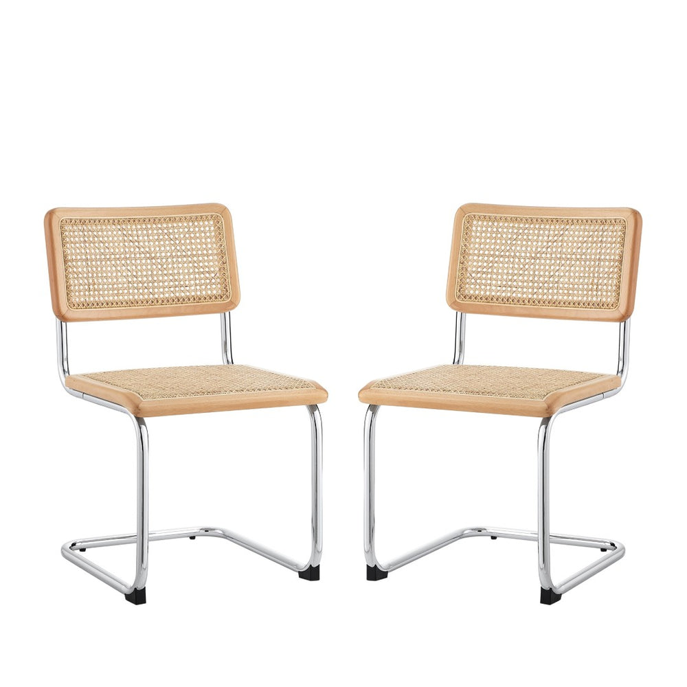 HomeRoots Set of Two Stylish Rattan Dining Side Chairs with Silver Legs for Modern Home Decor and Comfort Oak 535393