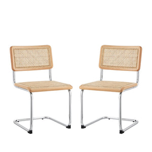 HomeRoots Set of Two Stylish Rattan Dining Side Chairs with Silver Legs for Modern Home Decor and Comfort Oak 535393