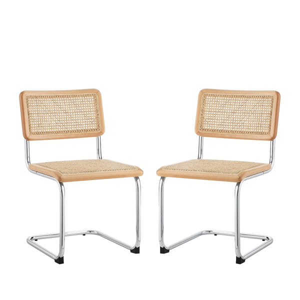 HomeRoots Set of Two Stylish Rattan Dining Side Chairs with Silver Legs for Modern Home Decor and Comfort Oak 535393