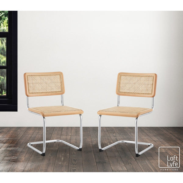 HomeRoots Set of Two Stylish Rattan Dining Side Chairs with Silver Legs for Modern Home Decor and Comfort Oak 535393