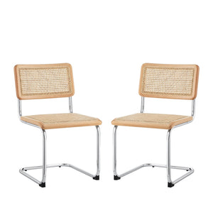 HomeRoots Set of Two Stylish Rattan Dining Side Chairs with Silver Legs for Modern Home Decor and Comfort Oak 535393