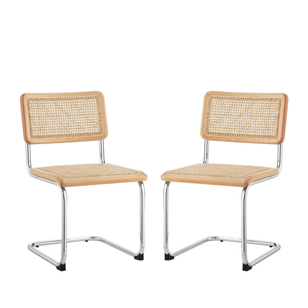 HomeRoots Set of Two Stylish Rattan Dining Side Chairs with Silver Legs for Modern Home Decor and Comfort Oak 535393
