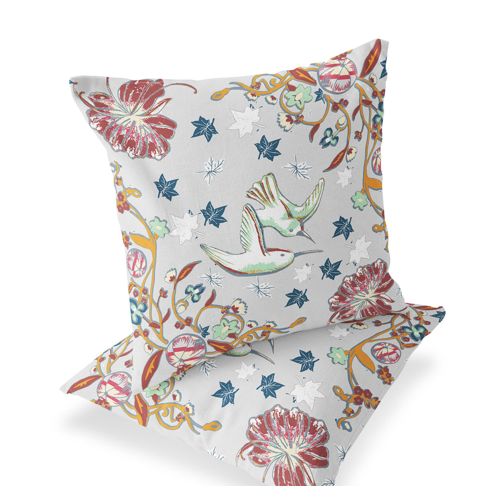 Homeroots Set Of Two 16" X 16" Gray And Blue Bird Blown Seam Floral Indoor Outdoor Throw Pillow  Polyester 535395