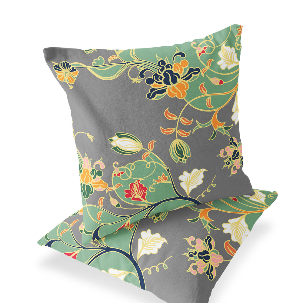 Homeroots Set Of Two 16" X 16" Gray And Orange Blown Seam Floral Indoor Outdoor Throw Pillow  Polyester 535396