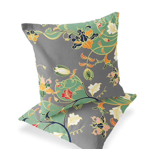 Homeroots Set Of Two 16" X 16" Gray And Orange Blown Seam Floral Indoor Outdoor Throw Pillow  Polyester 535396