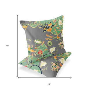 Homeroots Set Of Two 16" X 16" Gray And Orange Blown Seam Floral Indoor Outdoor Throw Pillow  Polyester 535396