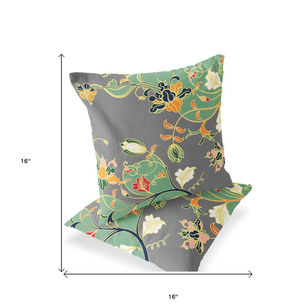 Homeroots Set Of Two 16" X 16" Gray And Orange Blown Seam Floral Indoor Outdoor Throw Pillow  Polyester 535396