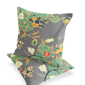 Homeroots Set Of Two 16" X 16" Gray And Orange Blown Seam Floral Indoor Outdoor Throw Pillow  Polyester 535396