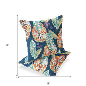 Homeroots Set Of Two 16" X 16" Blue And Orange Blown Seam Botanical Indoor Outdoor Throw Pillow  Polyester 535401