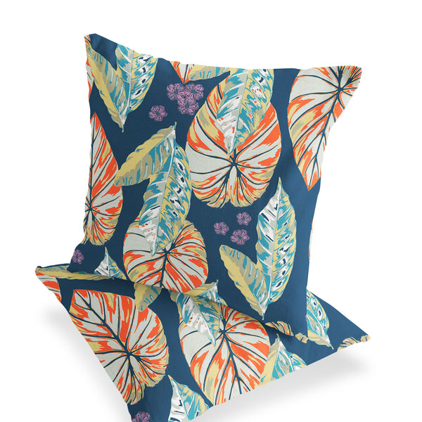 Homeroots Set Of Two 16" X 16" Blue And Orange Blown Seam Botanical Indoor Outdoor Throw Pillow  Polyester 535401