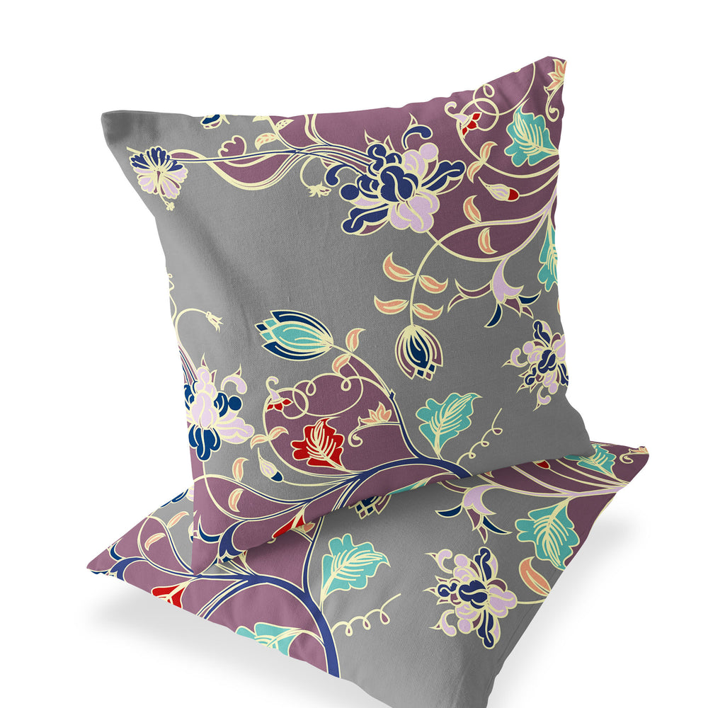 Homeroots Set Of Two 16" X 16" Gray And Purple Blown Seam Floral Indoor Outdoor Throw Pillow  Polyester 535404