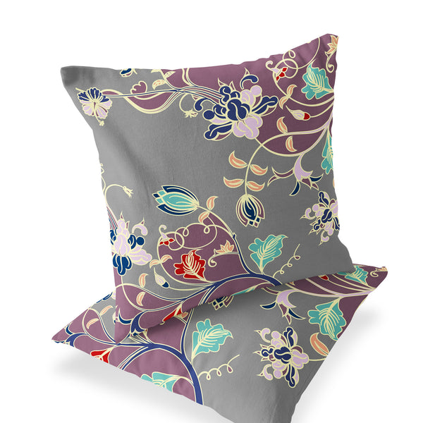 Homeroots Set Of Two 16" X 16" Gray And Purple Blown Seam Floral Indoor Outdoor Throw Pillow  Polyester 535404
