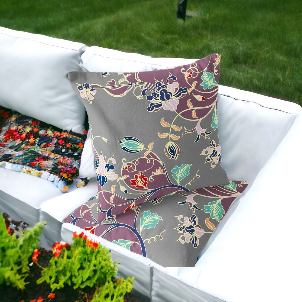 Homeroots Set Of Two 16" X 16" Gray And Purple Blown Seam Floral Indoor Outdoor Throw Pillow  Polyester 535404