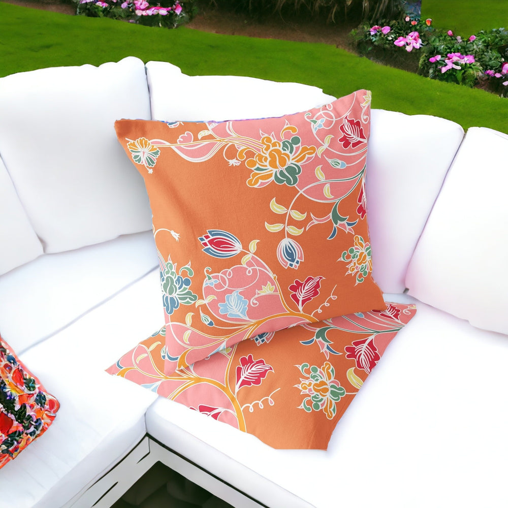 Homeroots Set Of Two 16" X 16" Pink And Orange Blown Seam Floral Indoor Outdoor Throw Pillows  Polyester 535405