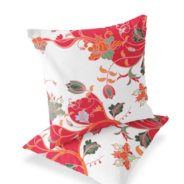 Homeroots Set Of Two 16" X 16" Red And White Blown Seam Floral Indoor Outdoor Throw Pillows  Polyester 535406