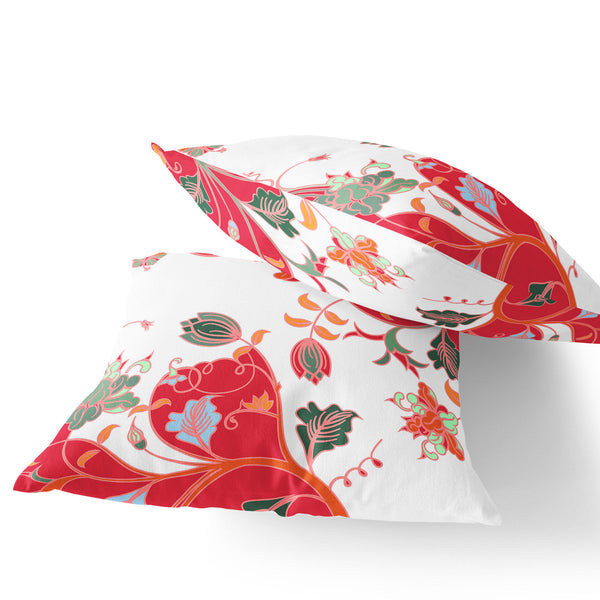 Homeroots Set Of Two 16" X 16" Red And White Blown Seam Floral Indoor Outdoor Throw Pillows  Polyester 535406