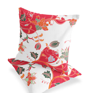 Homeroots Set Of Two 16" X 16" Red And White Blown Seam Floral Indoor Outdoor Throw Pillows  Polyester 535406