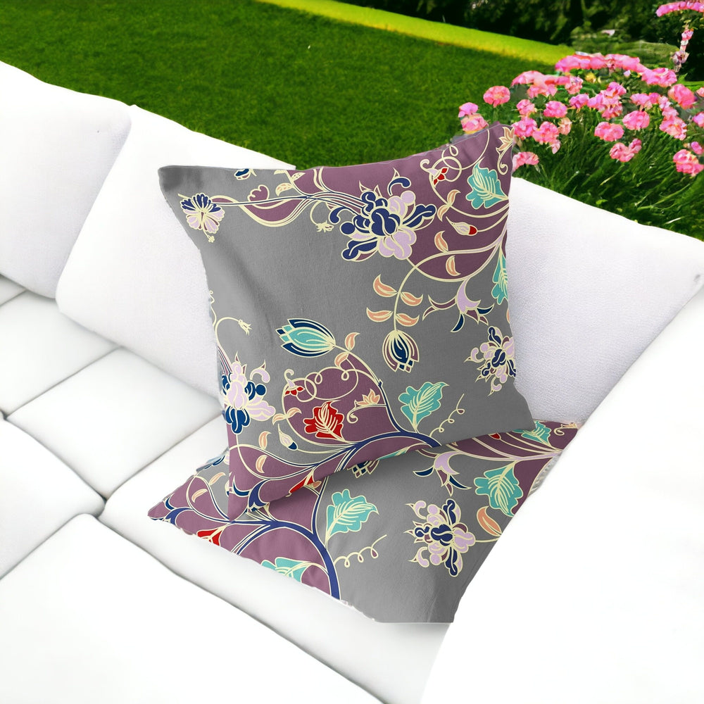 Homeroots Set Of Two 16" X 16" Gray And Purple Blown Seam Floral Indoor Outdoor Throw Pillow  Polyester 535407
