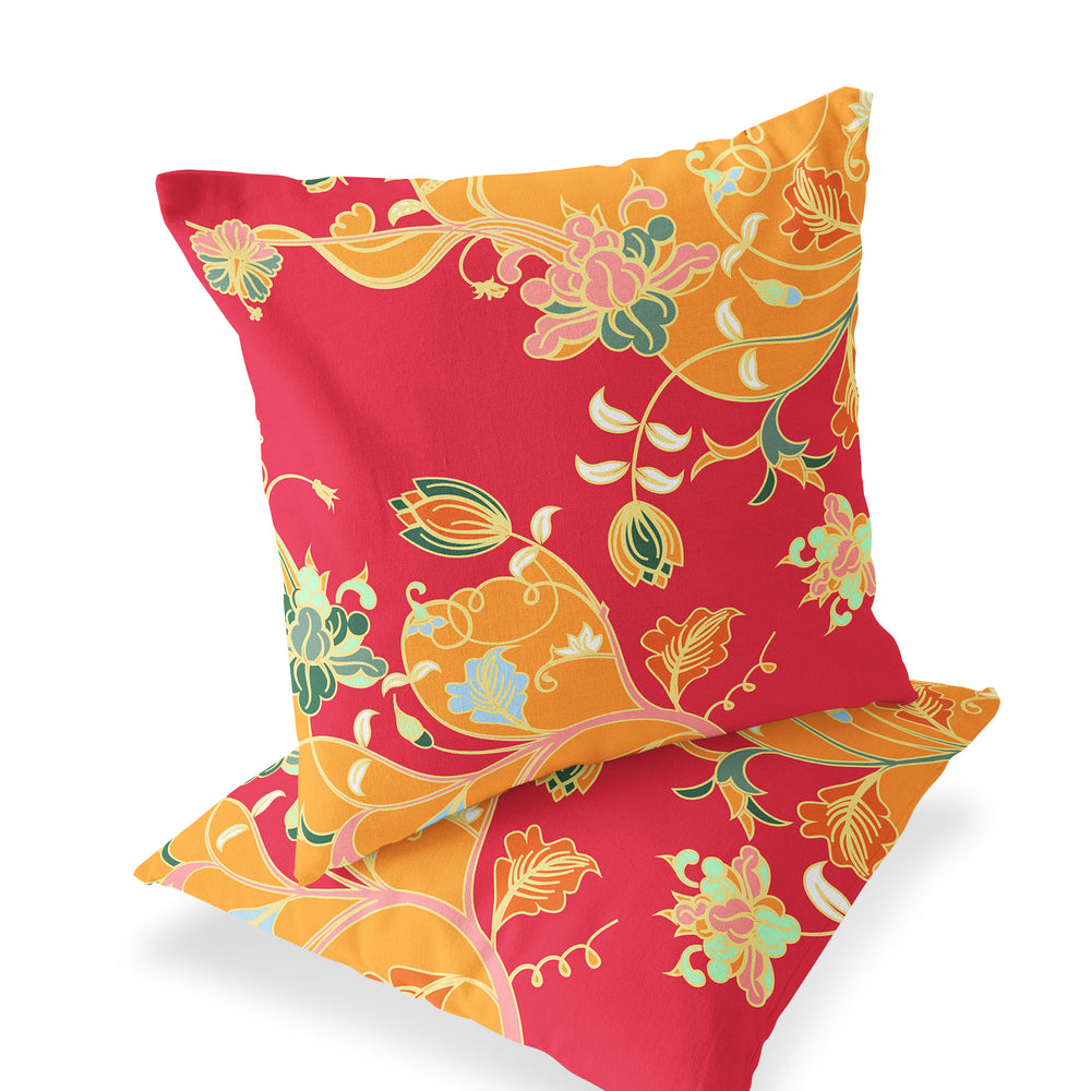 Homeroots Set Of Two 16" X 16" Green And Red Blown Seam Floral Indoor Outdoor Throw Pillow  Polyester 535408