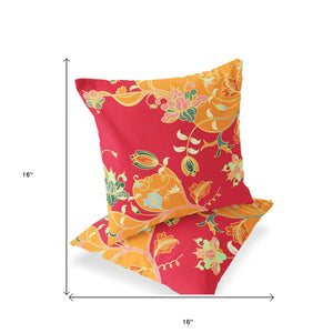 Homeroots Set Of Two 16" X 16" Green And Red Blown Seam Floral Indoor Outdoor Throw Pillow  Polyester 535408