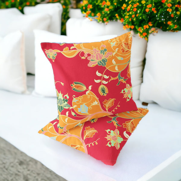 Homeroots Set Of Two 16" X 16" Green And Red Blown Seam Floral Indoor Outdoor Throw Pillow  Polyester 535408